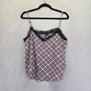 1.STATE Womens Plaid Lace Trim Camisole Top‎ Red White Black Large Y2K Sleep